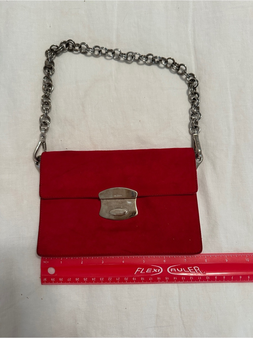 Prada Red Suede Mini Shoulder Bag with Silver Chain - Picture 4 of 7